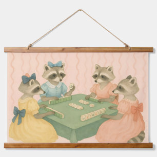 Vintage Cute Racoons Playing Mahjong Hanging Tapestry