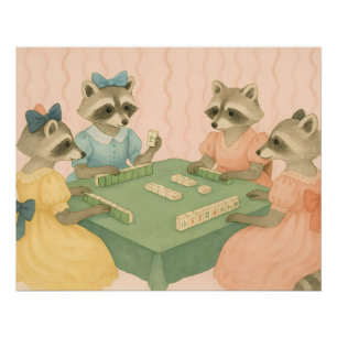 Vintage Cute Racoons Playing Mahjong Poster