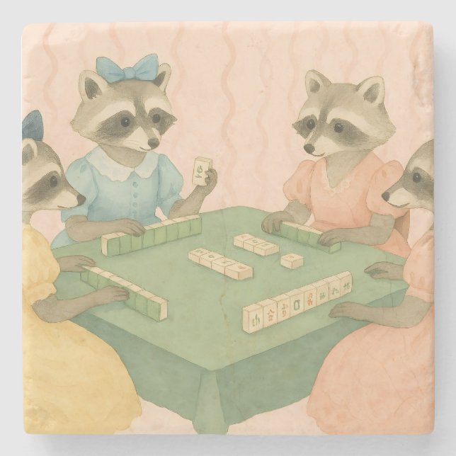 Vintage Cute Racoons Playing Mahjong Stone Coaster (Front)