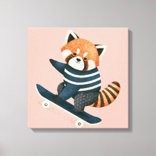 Vintage Cute Red Panda Racoon Skateboarding Canvas Print
