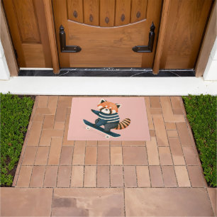 Vintage Cute Red Panda Racoon Skateboarding Doormat