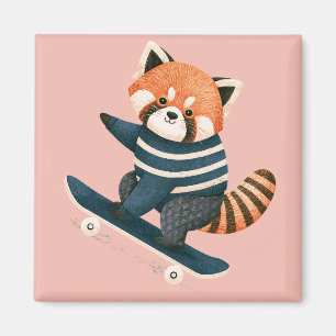 Vintage Cute Red Panda Racoon Skateboarding Magnet