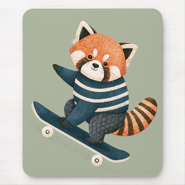 Vintage Cute Red Panda Racoon Skateboarding Mouse Pad (Front)