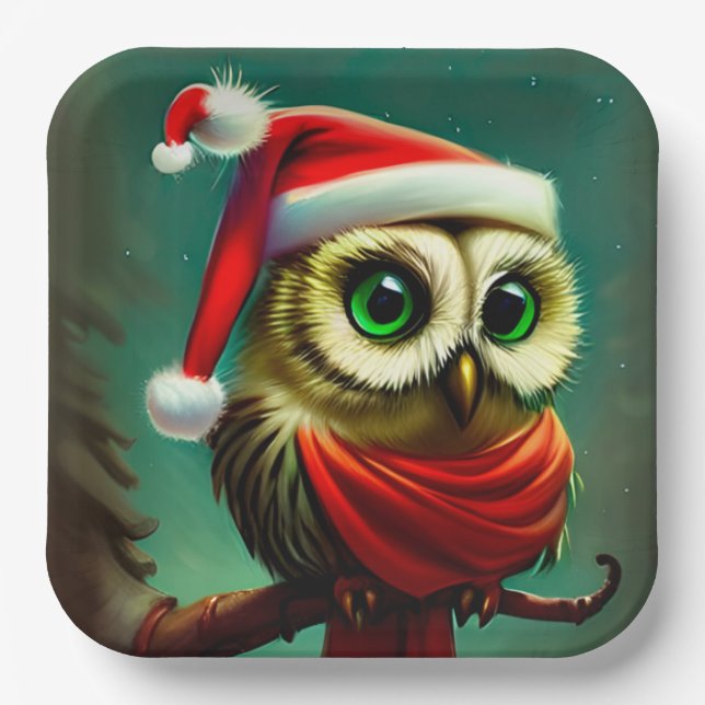 Vintage Cute Santa Owl Christmas Holiday Paper Plate (Front)