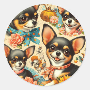 Vintage Cute Seamless Chihuahua  Classic Round Sticker