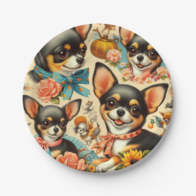 Vintage Cute Seamless Chihuahua  Paper Plate (Front)