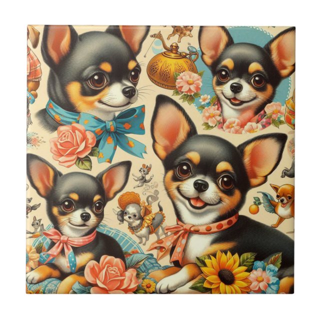 Vintage Cute Seamless Chihuahua  Tile (Front)