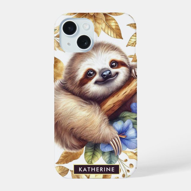 Vintage Cute Sloth Pattern iPhone 15 Case (Back)