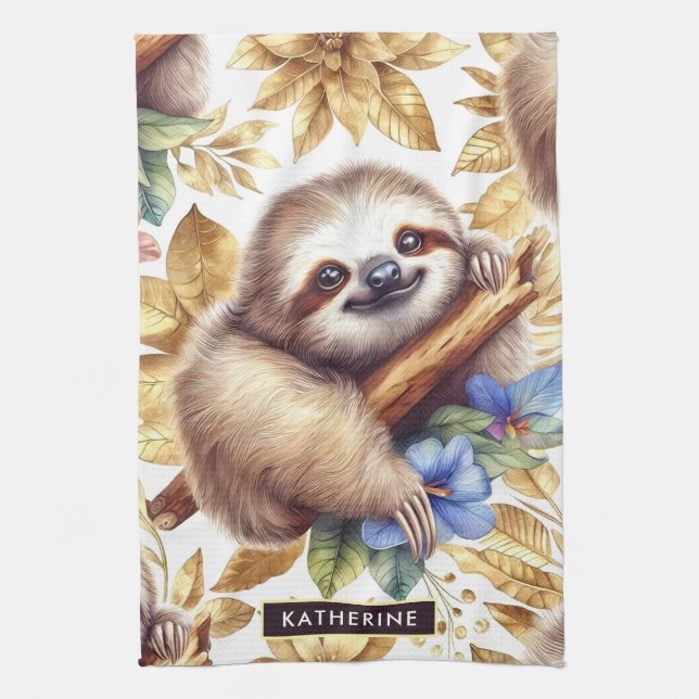 Vintage Cute Sloth Pattern Tea Towel (Vertical)