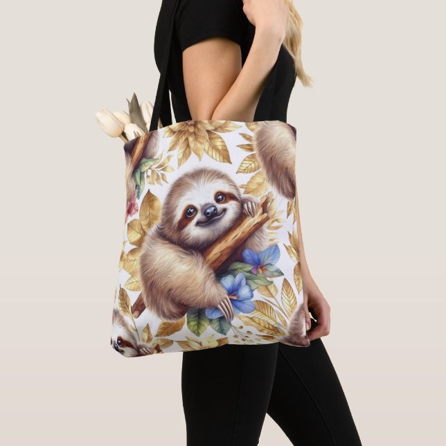 Vintage Cute Sloth Pattern Tote Bag (Close Up)
