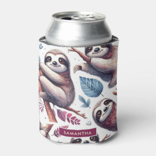 Vintage Cute Sloth Seamless Watercolor Can Cooler
