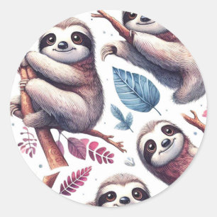 Vintage Cute Sloth Seamless Watercolor Classic Round Sticker