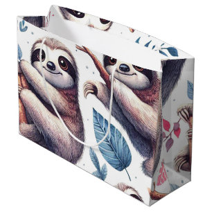 Vintage Cute Sloth Seamless Watercolor Large Gift Bag