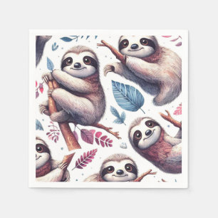 Vintage Cute Sloth Seamless Watercolor Napkin