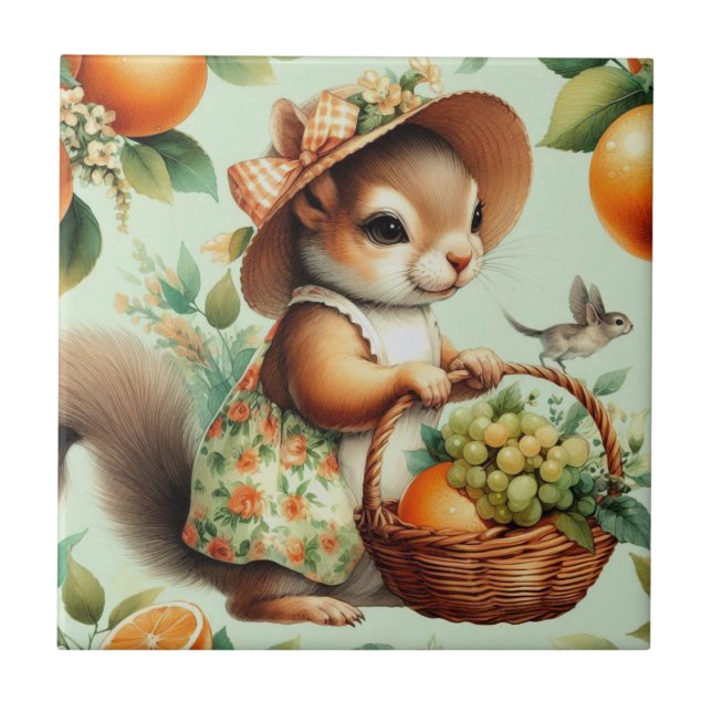 Vintage Cute Squirrel Painting Tile (Front)