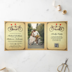 Vintage Cute Tandem Bicycle Photo QR Code Wedding Tri-Fold Invitation