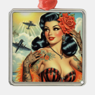 Vintage Cute Tattoo Girl Metal Tree Decoration