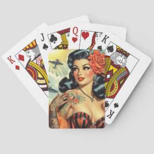 Vintage Cute Tattoo Girl Playing Cards