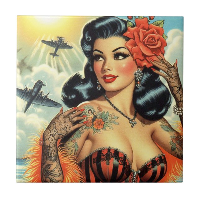 Vintage Cute Tattoo Girl Tile (Front)