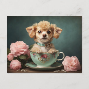 Vintage Cute Teacup Poodle Puppy Dog Rose Portrait Holiday Postcard
