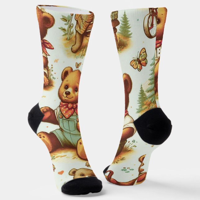 Vintage Cute Teddy Bear Pattern Socks (Angled)