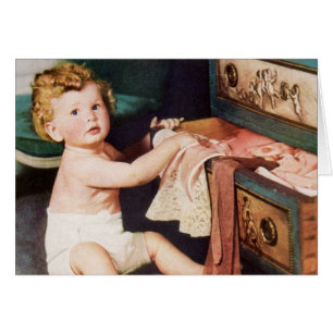 Vintage Cute Toddler Playing with Clothes Dresser