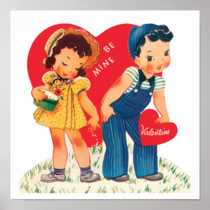 Vintage Cute Valentine's Day, Boy and Girl Hearts Poster