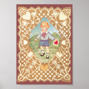 Vintage Cute Valentine's Day, Boy in Meadow Poster