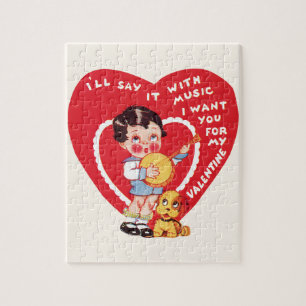 Vintage Cute Valentine's Day, Child Music Banjo Jigsaw Puzzle