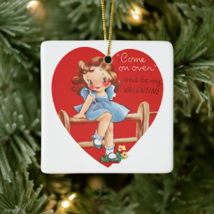 Vintage Cute Valentine's Day, Girl on a Fence Ceramic Tree Decoration