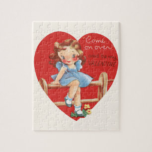 Vintage Cute Valentine's Day, Girl on a Fence Jigsaw Puzzle