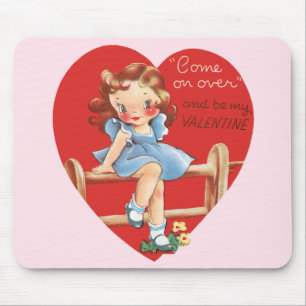 Vintage Cute Valentine's Day, Girl on a Fence Mouse Pad