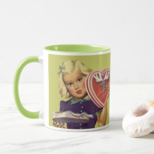 Vintage Cute Valentine's Day, Girl with Chocolates Mug