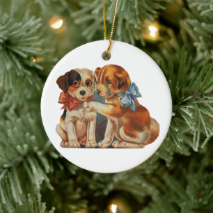 Vintage Cute Valentine's Puppy Love, Two Dog Mutts Ceramic Tree Decoration