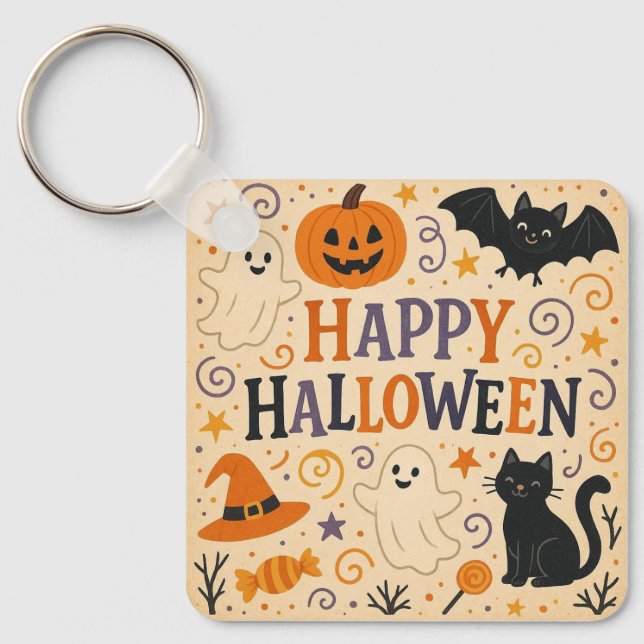 Vintage, cute whimsical Happy Halloween Key Ring (Front)