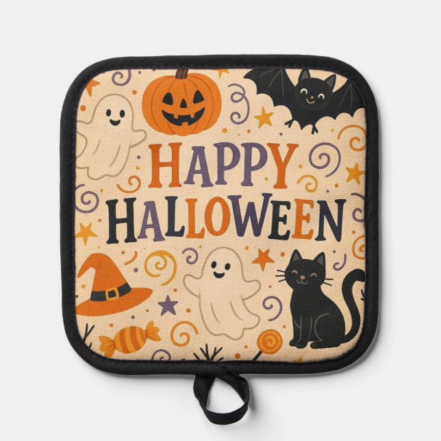 Vintage, cute whimsical Happy Halloween Pot Holder (Front)
