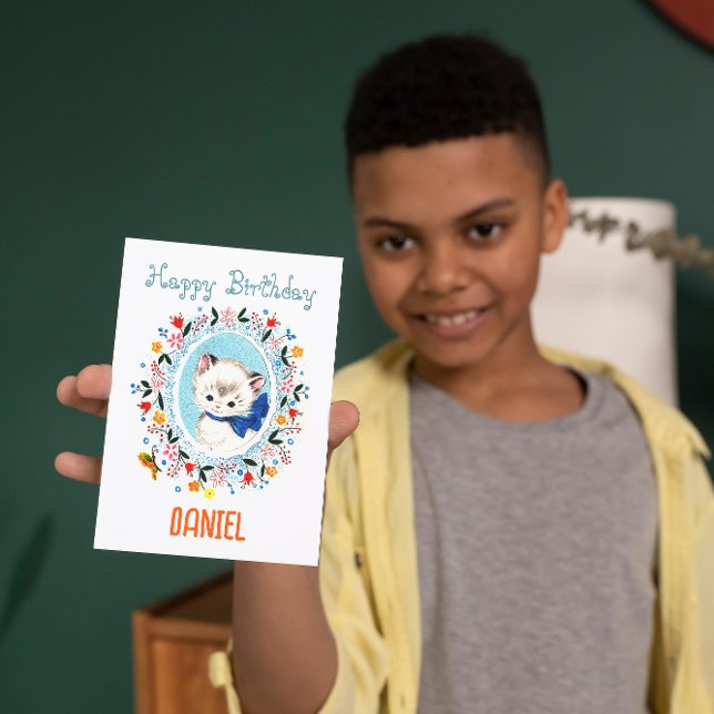 Vintage Cute Whimsical Kitten Happy Birthday Holiday Card (Creator Uploaded)