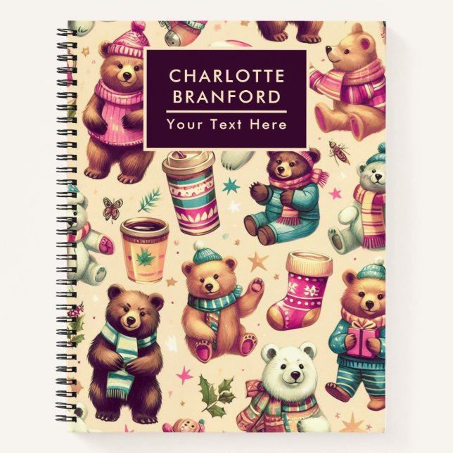 Vintage Cute Winter Teddy Bear Pattern Notebook (Front)