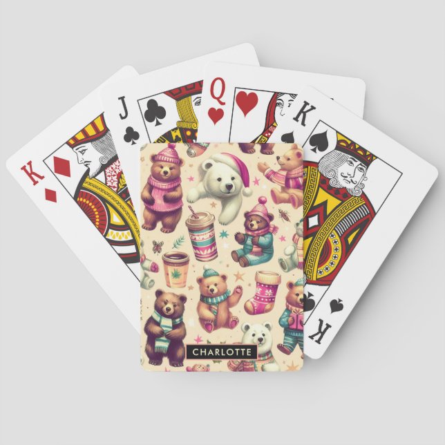 Vintage Cute Winter Teddy Bear Pattern Playing Cards (Back)