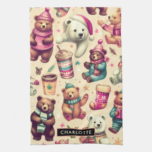Vintage Cute Winter Teddy Bear Pattern Tea Towel (Vertical)