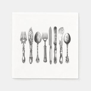 Vintage Cutlery Black White Fork Spoon Knife 1800s Napkin