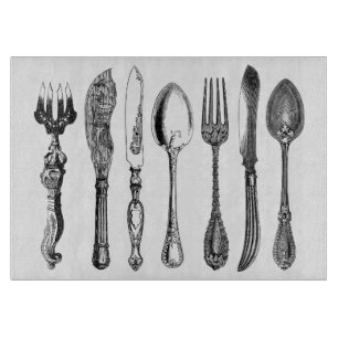 Vintage Cutlery Line Art Knives and Forks Cutting Board
