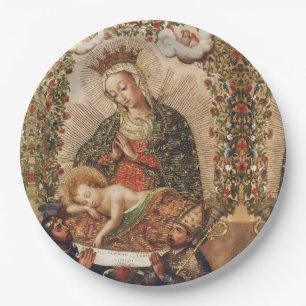 Vintage Cuzco School Virgin Adoring Christ Child Paper Plate