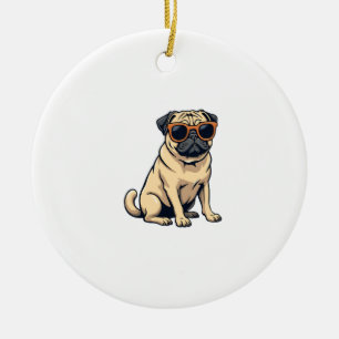 Vintage Dabbing Pug with Sunglasses Funny Dog Vect Ceramic Tree Decoration