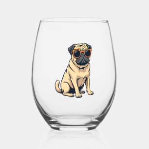 Vintage Dabbing Pug with Sunglasses Funny Dog Vect Stemless Wine Glass