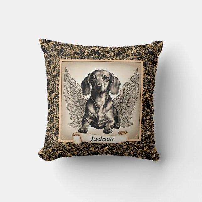 Vintage Dachshund Angel Personalised Throw Pillow (Front)