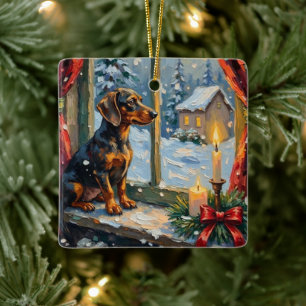 Vintage Dachshund by Cosy Christmas Window Ceramic Ornament