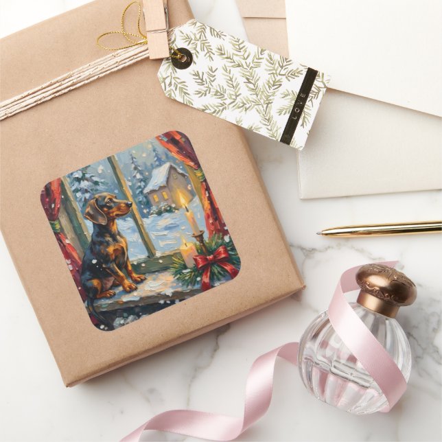 Vintage Dachshund by Cozy Christmas Window Square Sticker (Gifting)