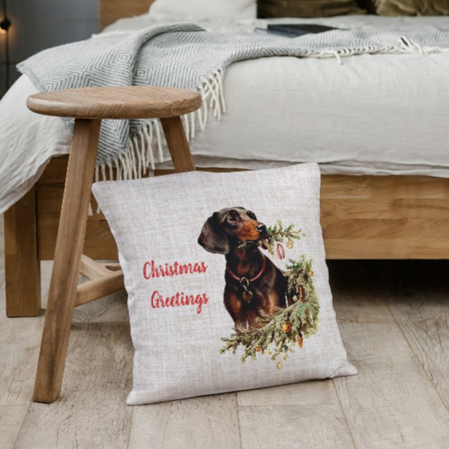 Vintage Dachshund Dog Rustic Christmas Greetings Cushion (Creator Uploaded)