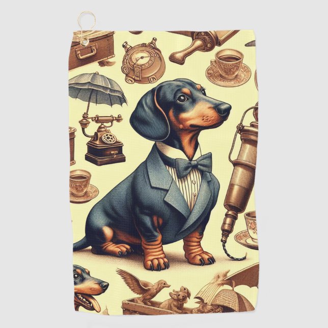 Vintage Dachshund Illustration Golf Towel (Front)